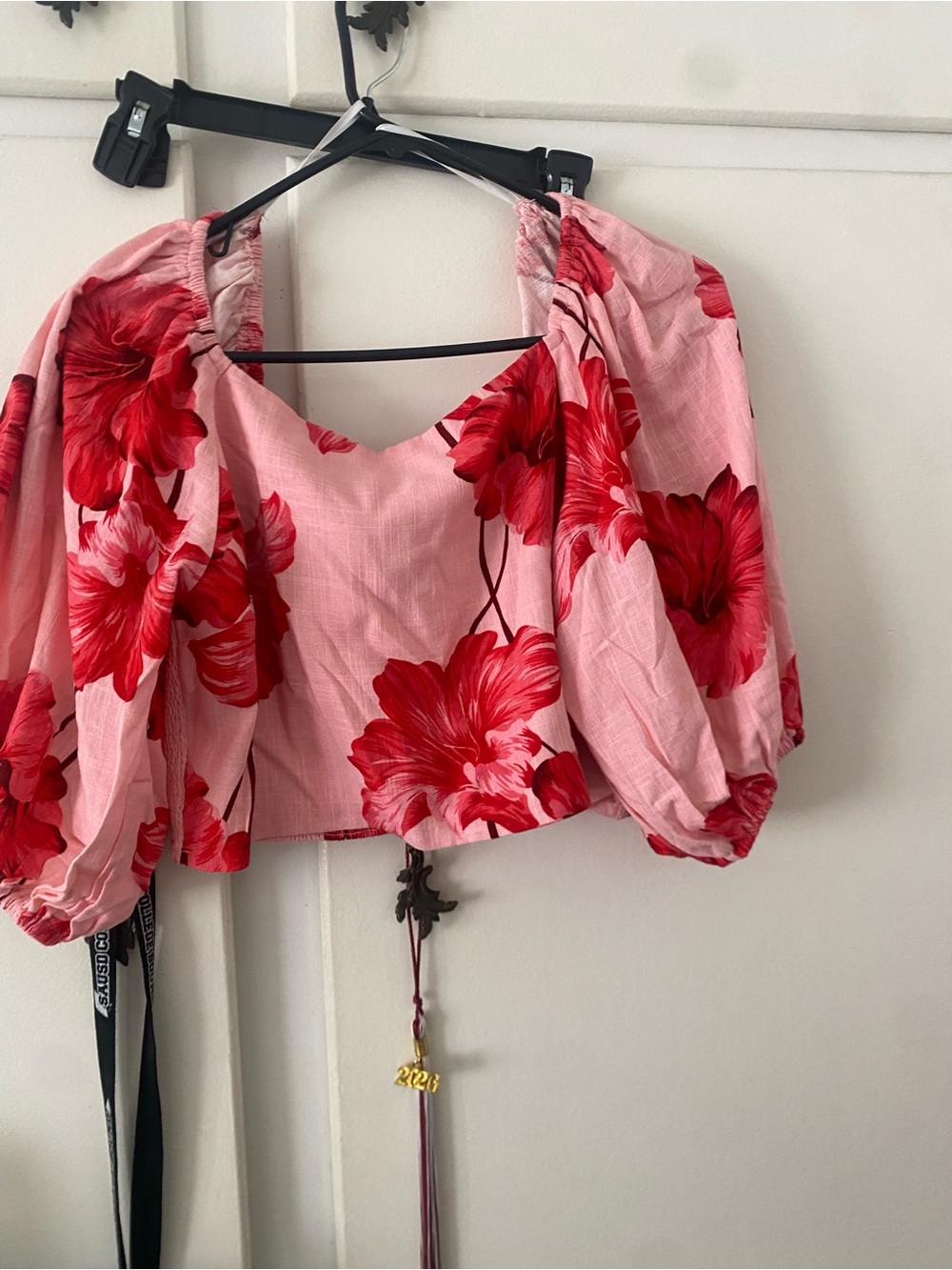 Pink Floral Puff-Sleeve Crop Top with Red Bloom Print